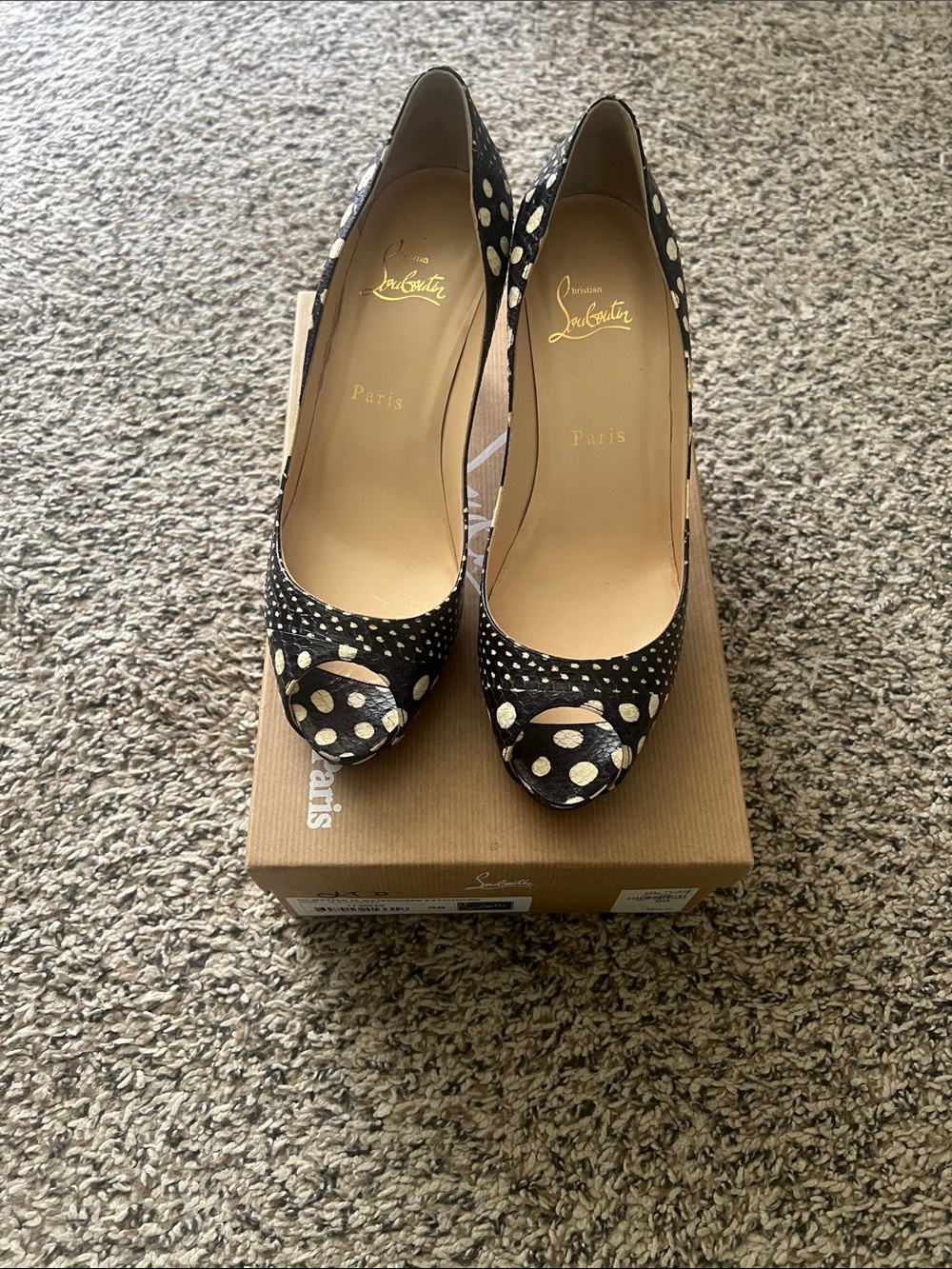 Christian Louboutin Black with Ivory Polka Dot Peep-Toe Pumps